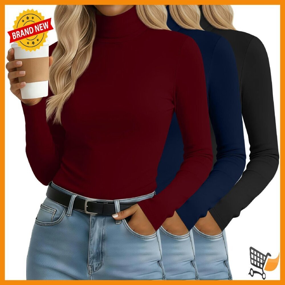 3 Pack Slim Fit Turtleneck Tops Long Sleeve Stretch Cotton Blend Base Layer